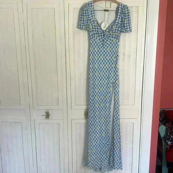 NWT Staud Lea Dress, Blue + White Gingham Daisy Plaid, Slit, Cap Sleeves, SZ 00 - Picture 4 of 8